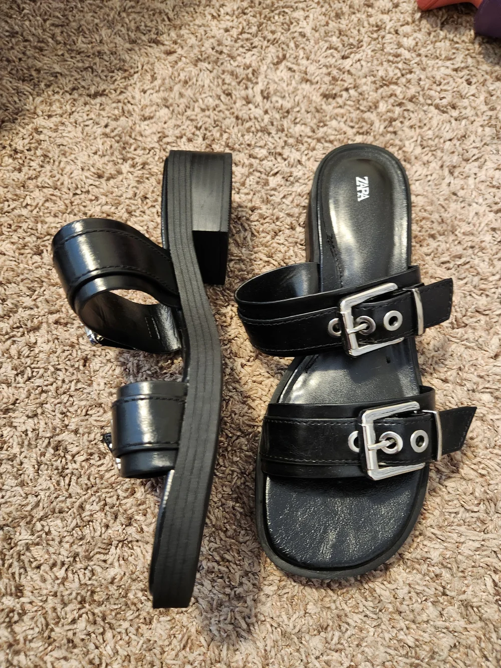 Zara Black Double Buckle Slide Sandals - Picture 2 of 6